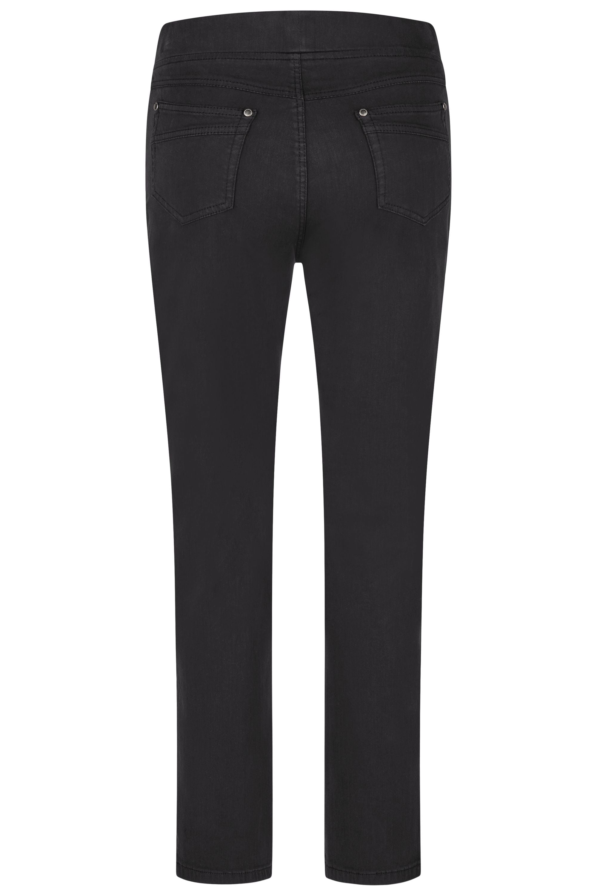 Schwarze Damenhose mit Gummibund und schmalem Bein.