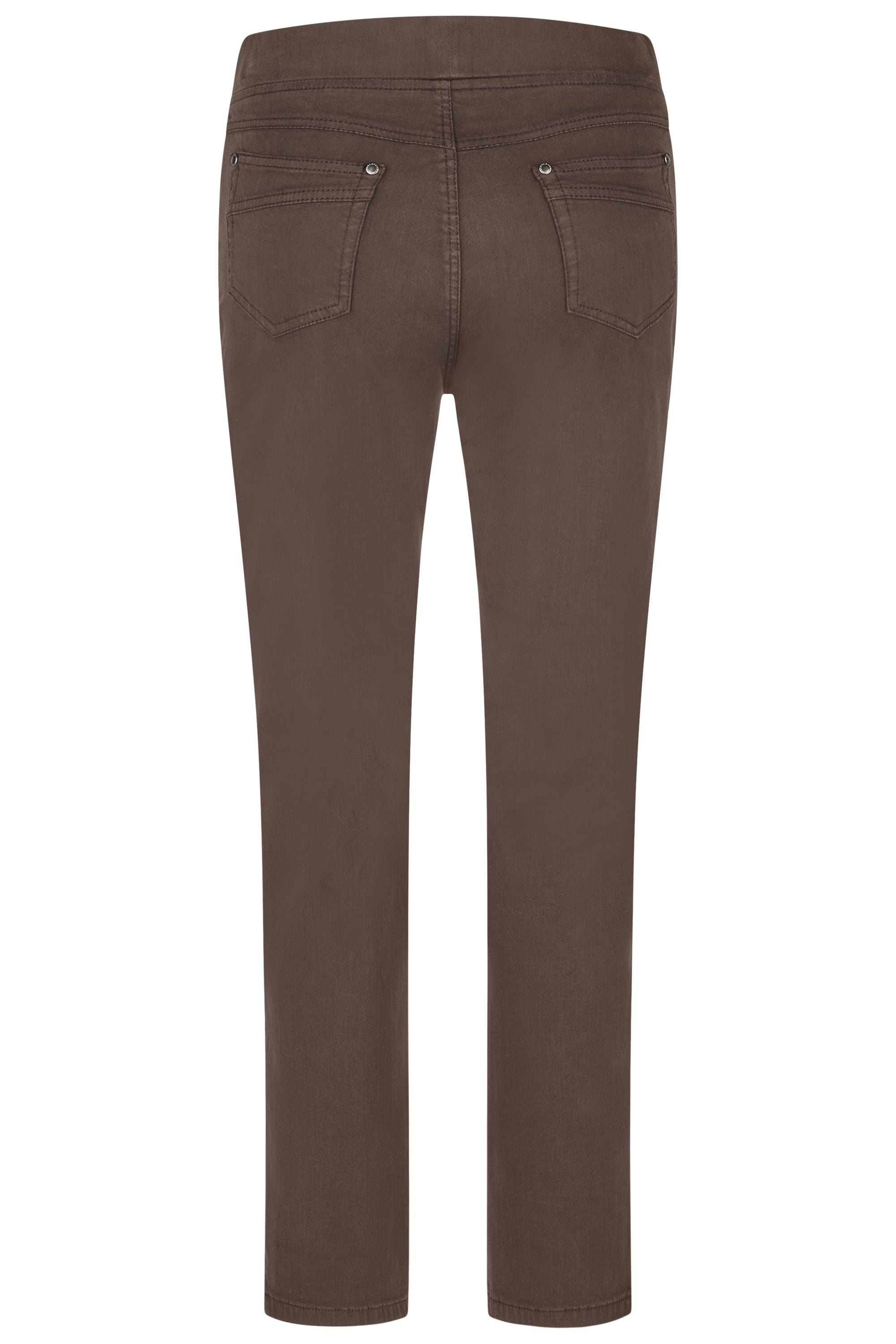 Braune Damenhose mit Gummibund und schmalem Bein.