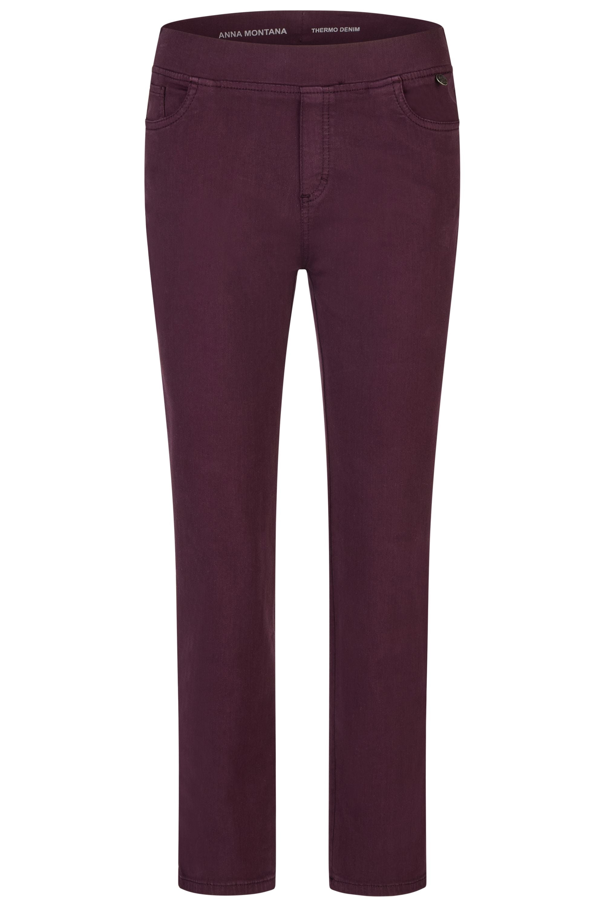 Rote Damenhose mit Gummibund und schmalem Bein.