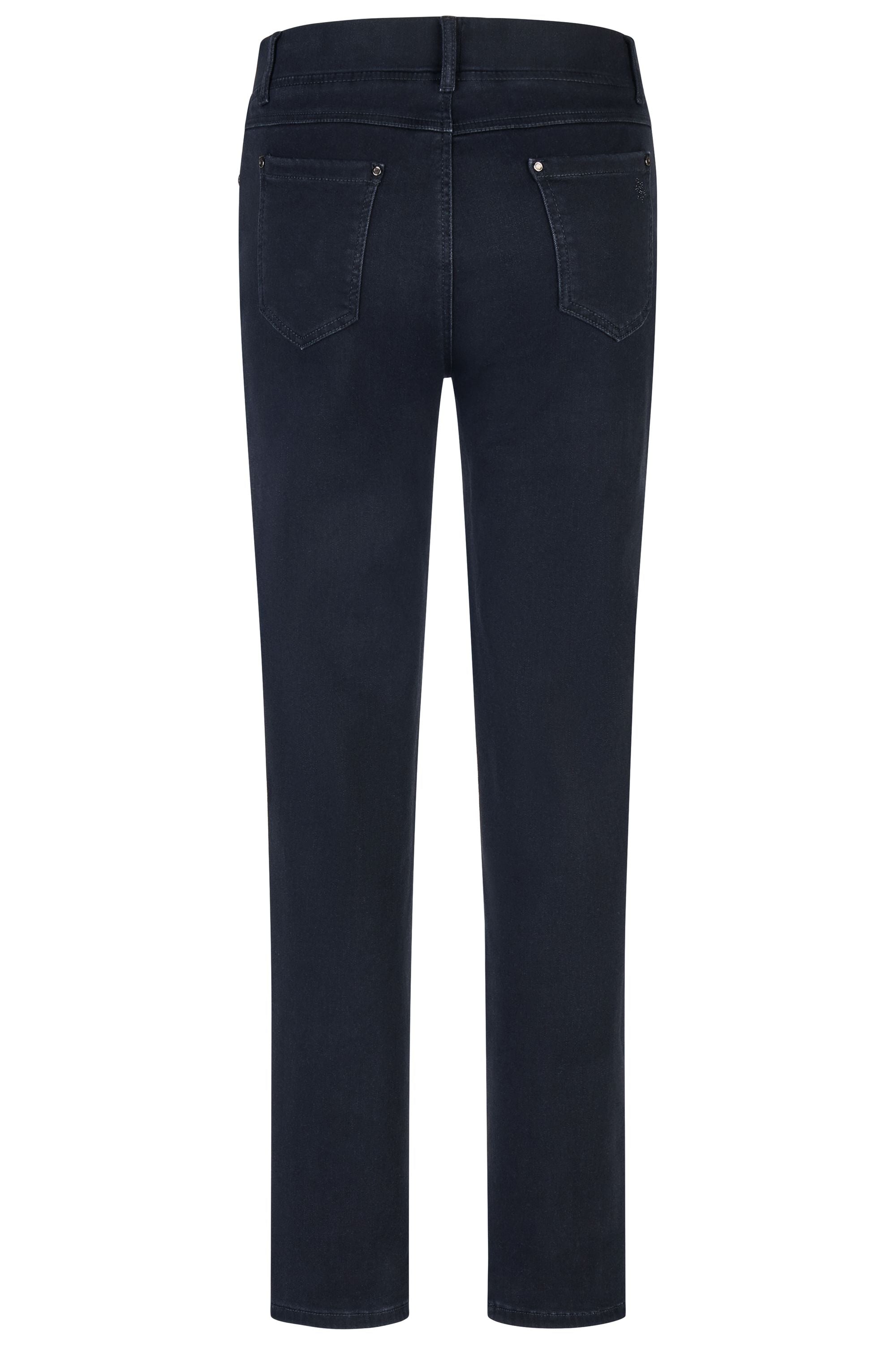 Dunkle Thermo Denim Damenhose mit Gummibund und schmalem Bein.