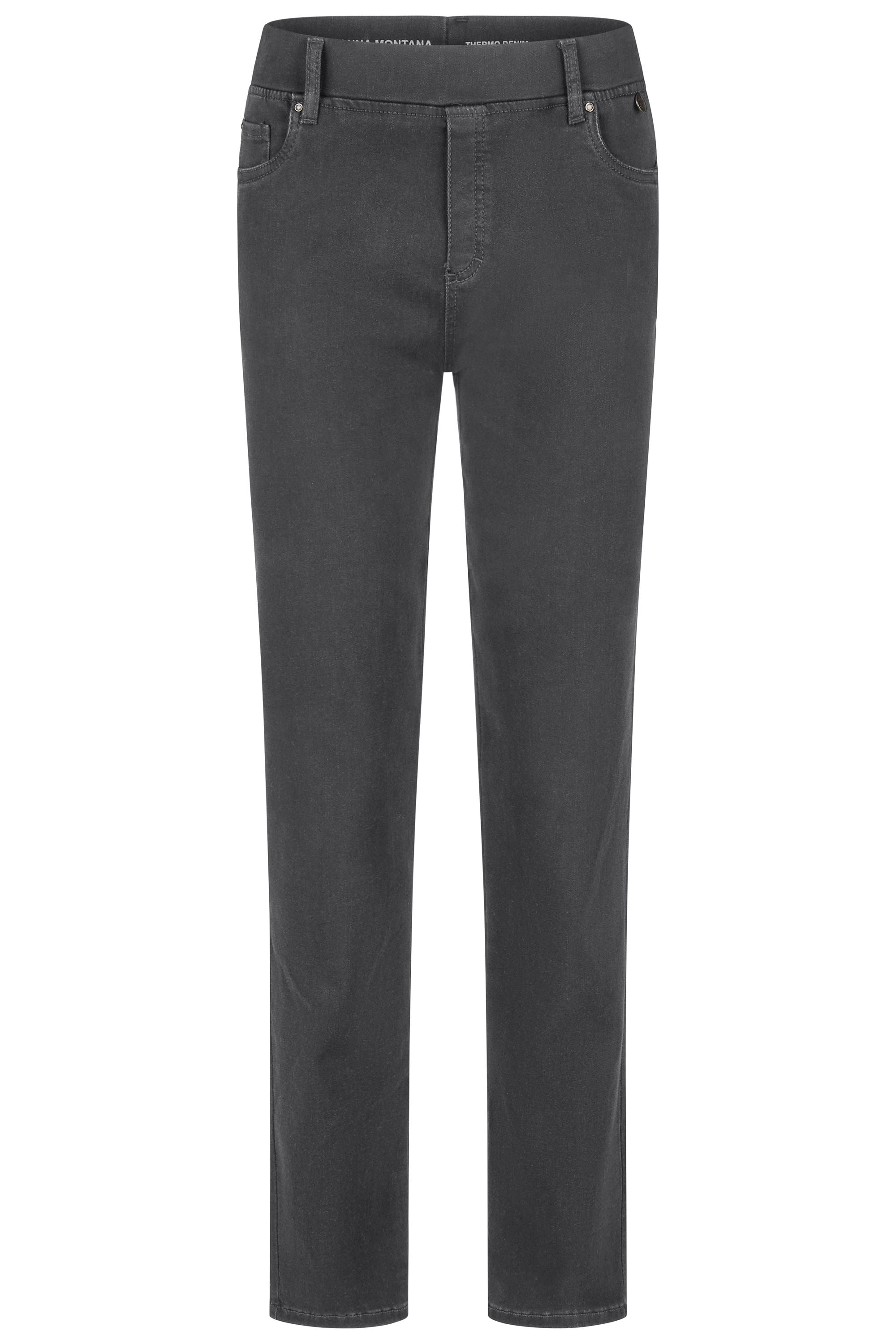 Graue Thermo Denim Damenhose mit Gummibund und schmalem Bein.