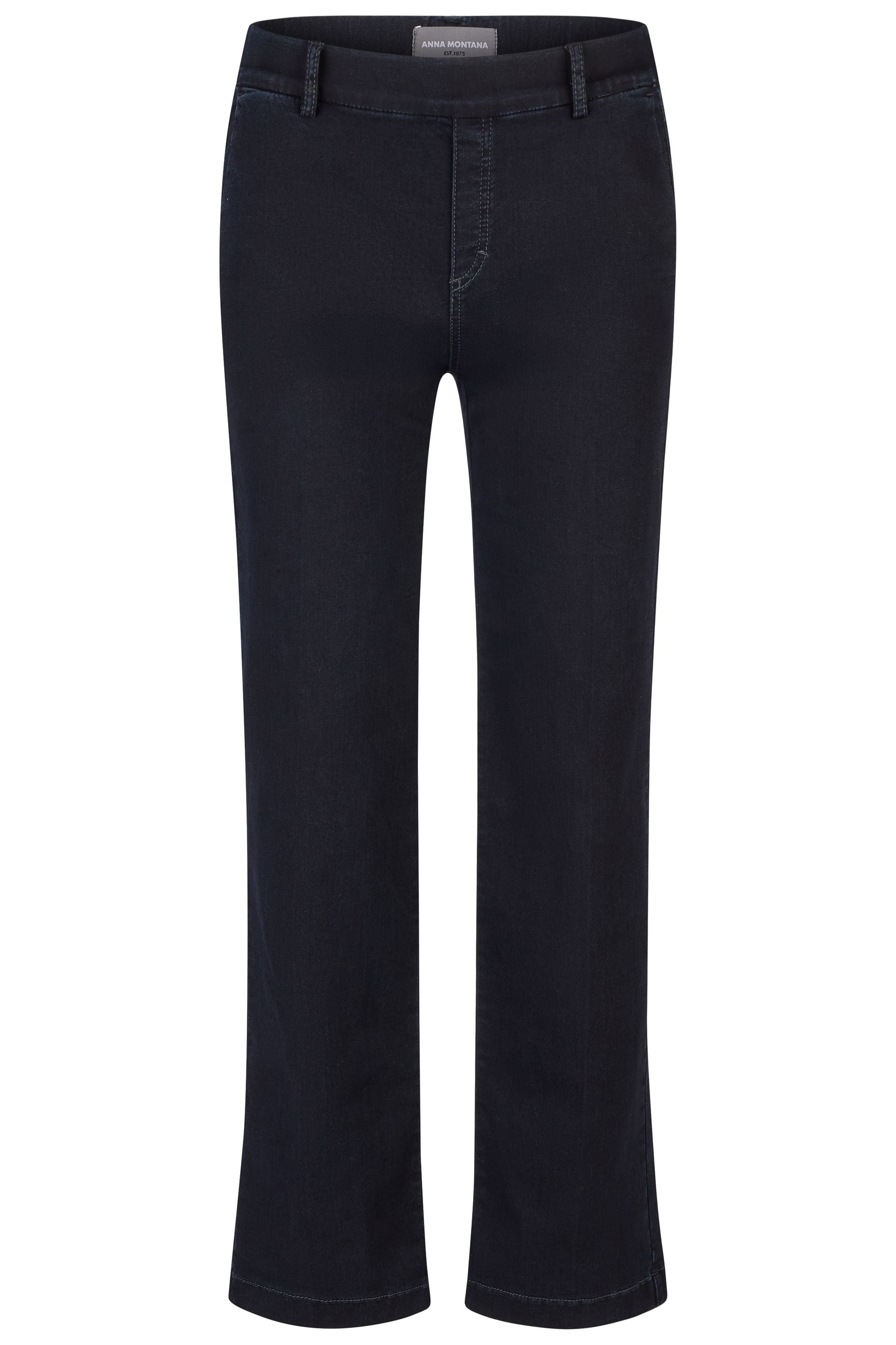 Dunkelblaue Damenjeans mit leicht ausgestelltem Bein und Gummibund.