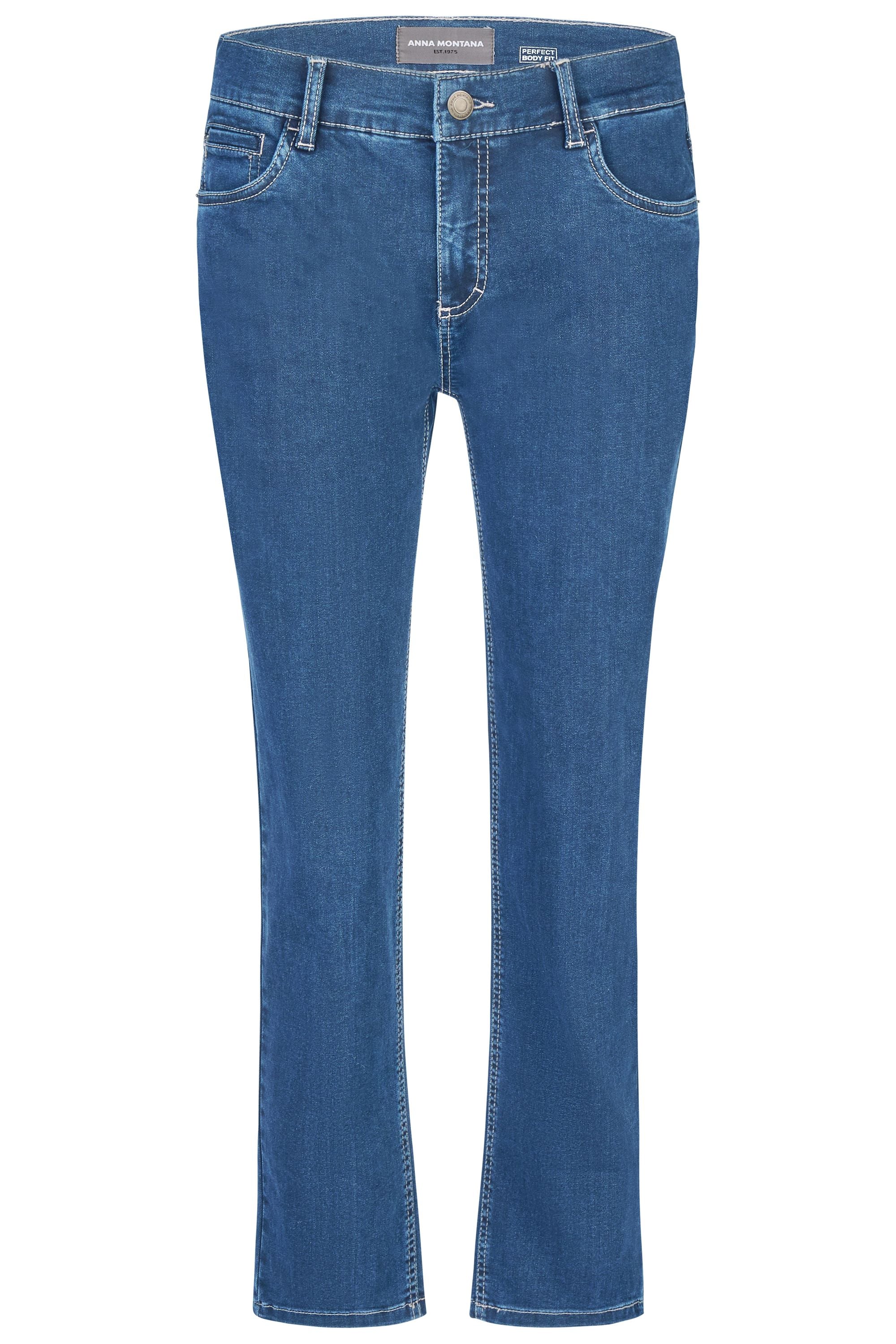 Blaue Damenjeans mit schmalem Bein, Kontrastnähten und klassischem Five-Pocket-Design.