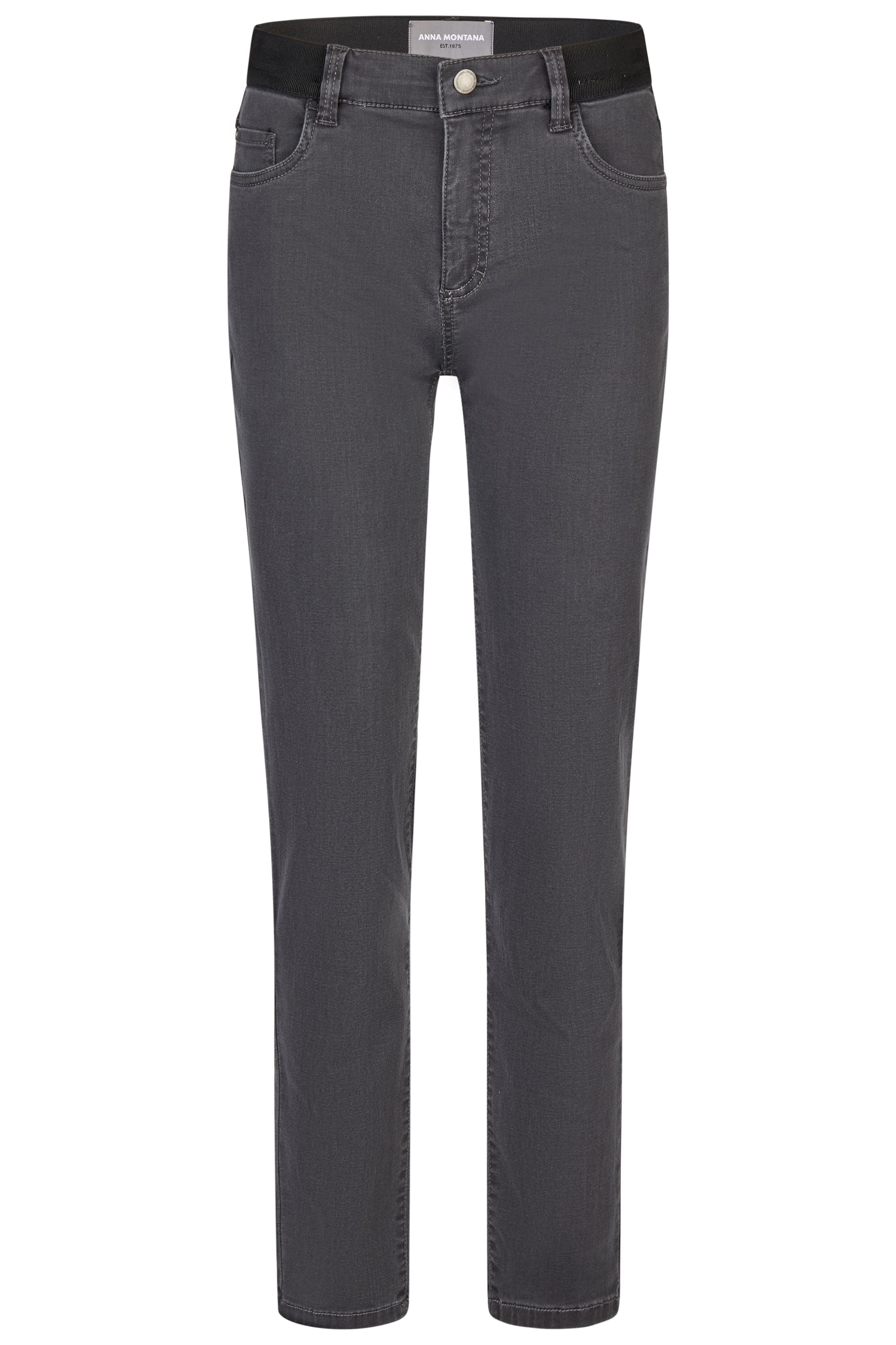 Graue Damenhose mit geradem Bein und elastischem Gummibund.