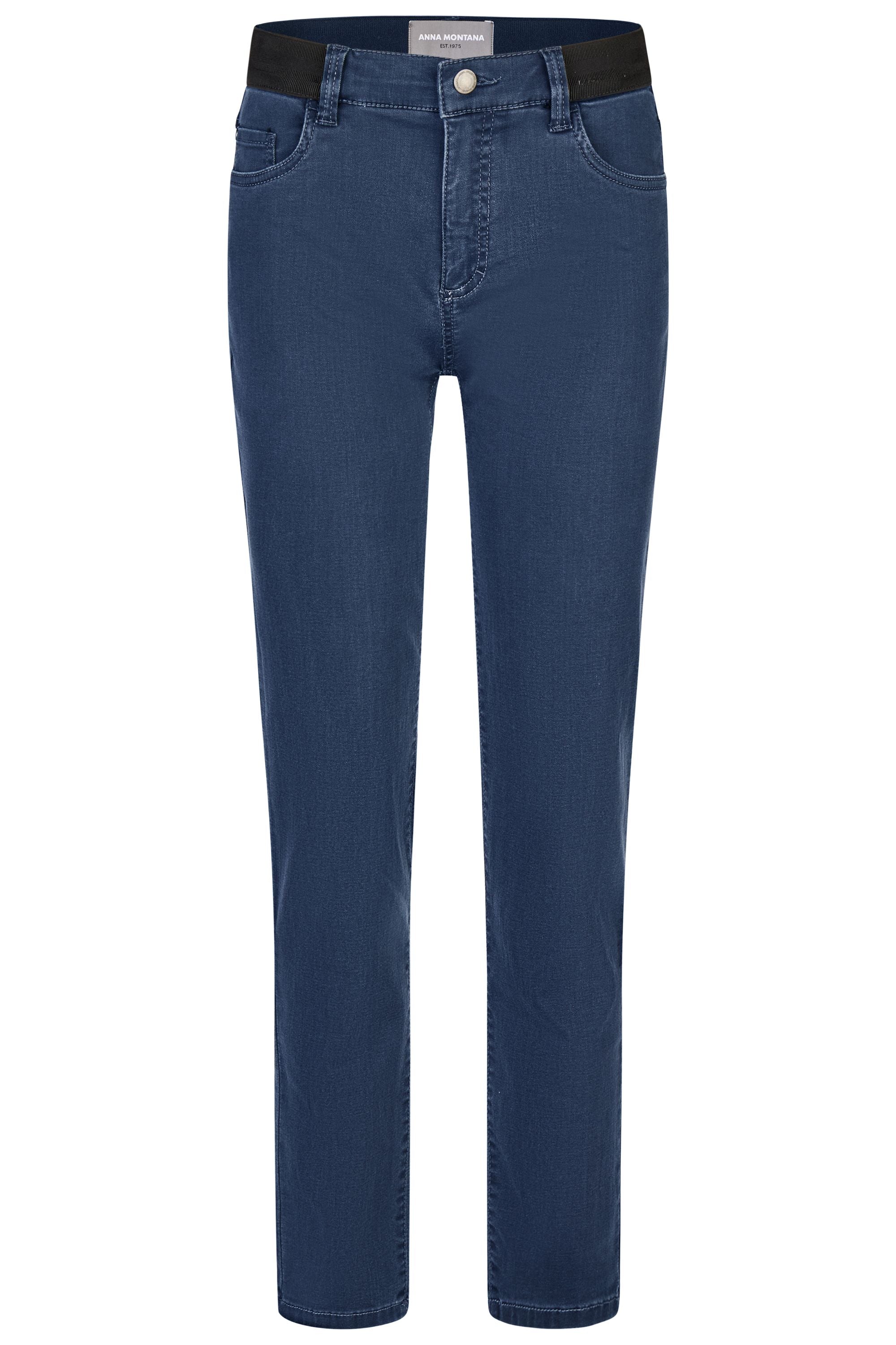 Blaue Damenhose mit geradem Bein und elastischem, schwarzen Gummibund.