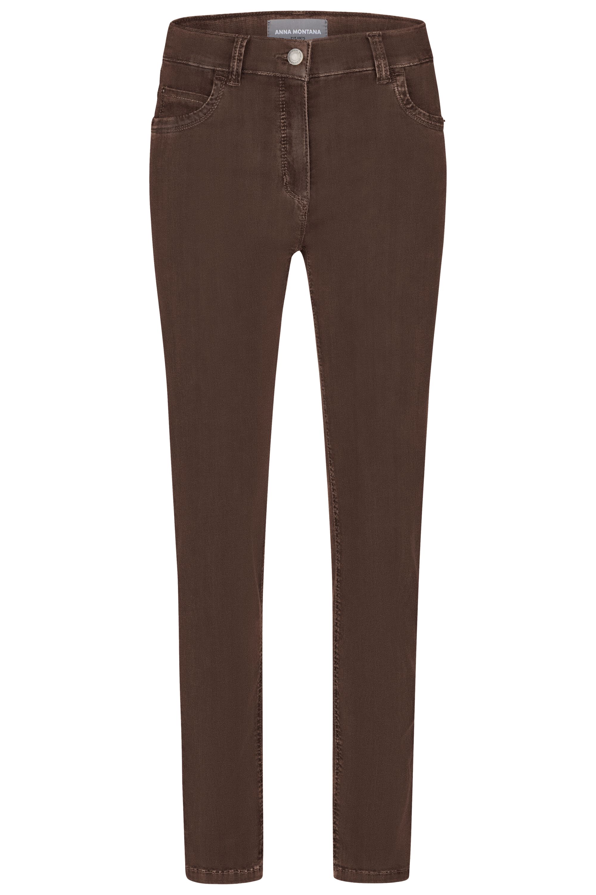 Braune Damenjeans mit schmalem Bein und mittlerer Leibhöhe.