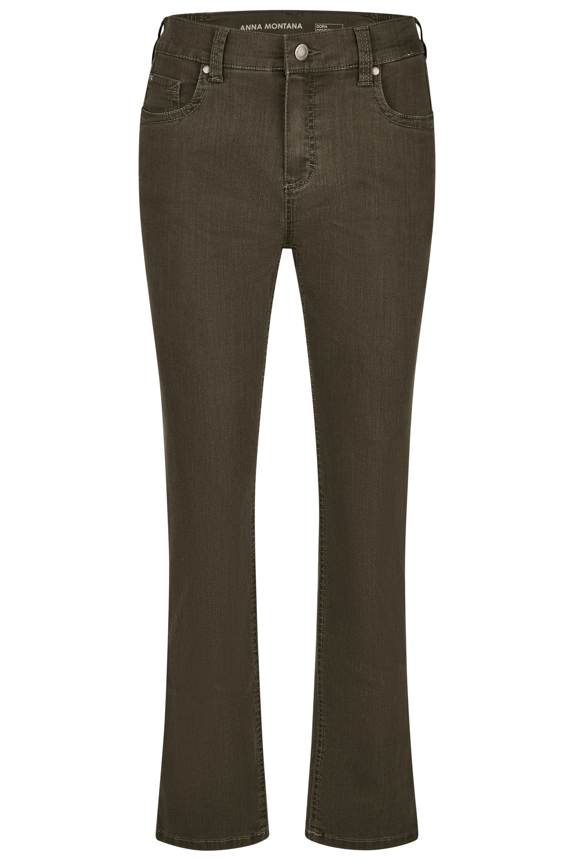 Grünbraune Jeans mit ausgestelltem Bein und klassischem Schnitt.