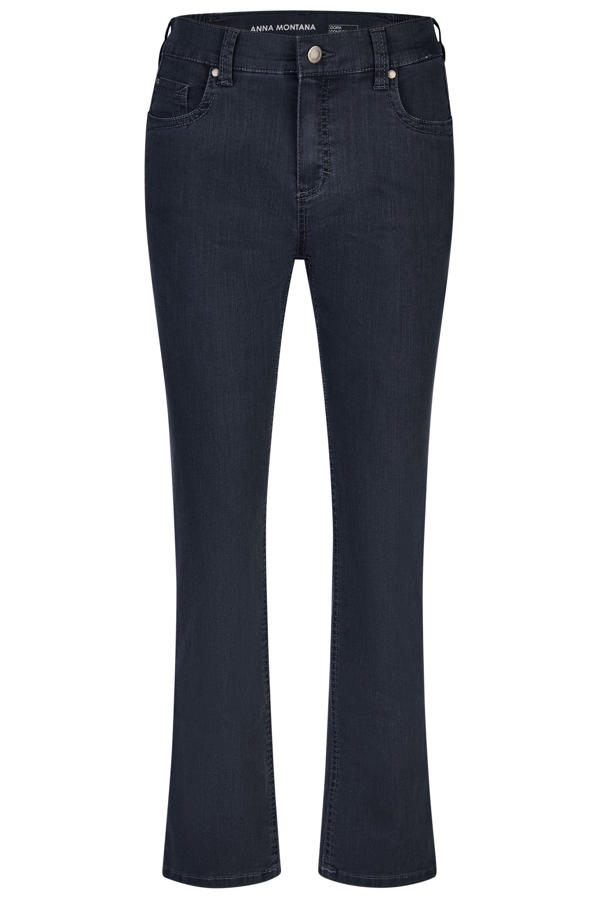 Blaue Jeans mit ausgestelltem Bein und klassischem Schnitt.