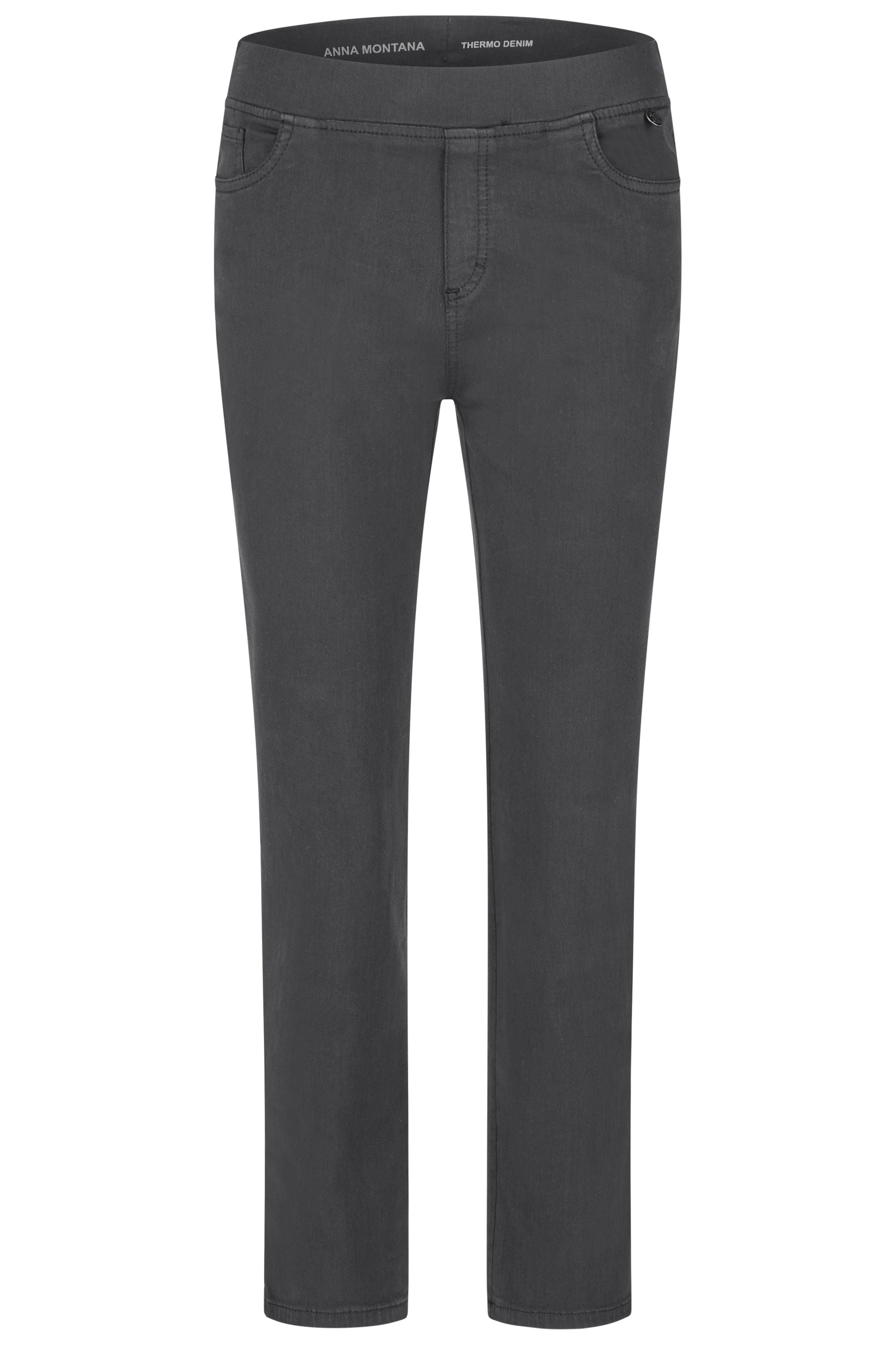 Graue Damenhose mit Gummibund und schmalem Bein. 