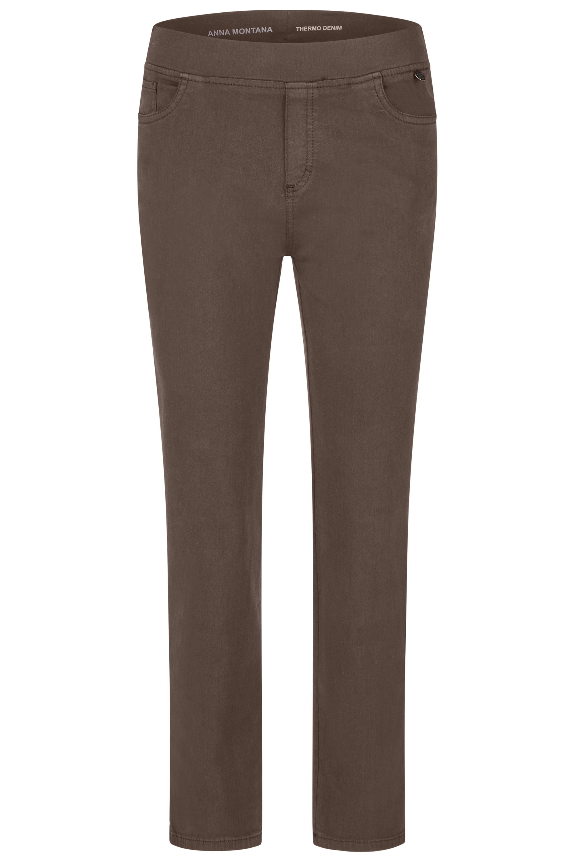 Braune Damenhose mit Gummibund und schmalem Bein. 