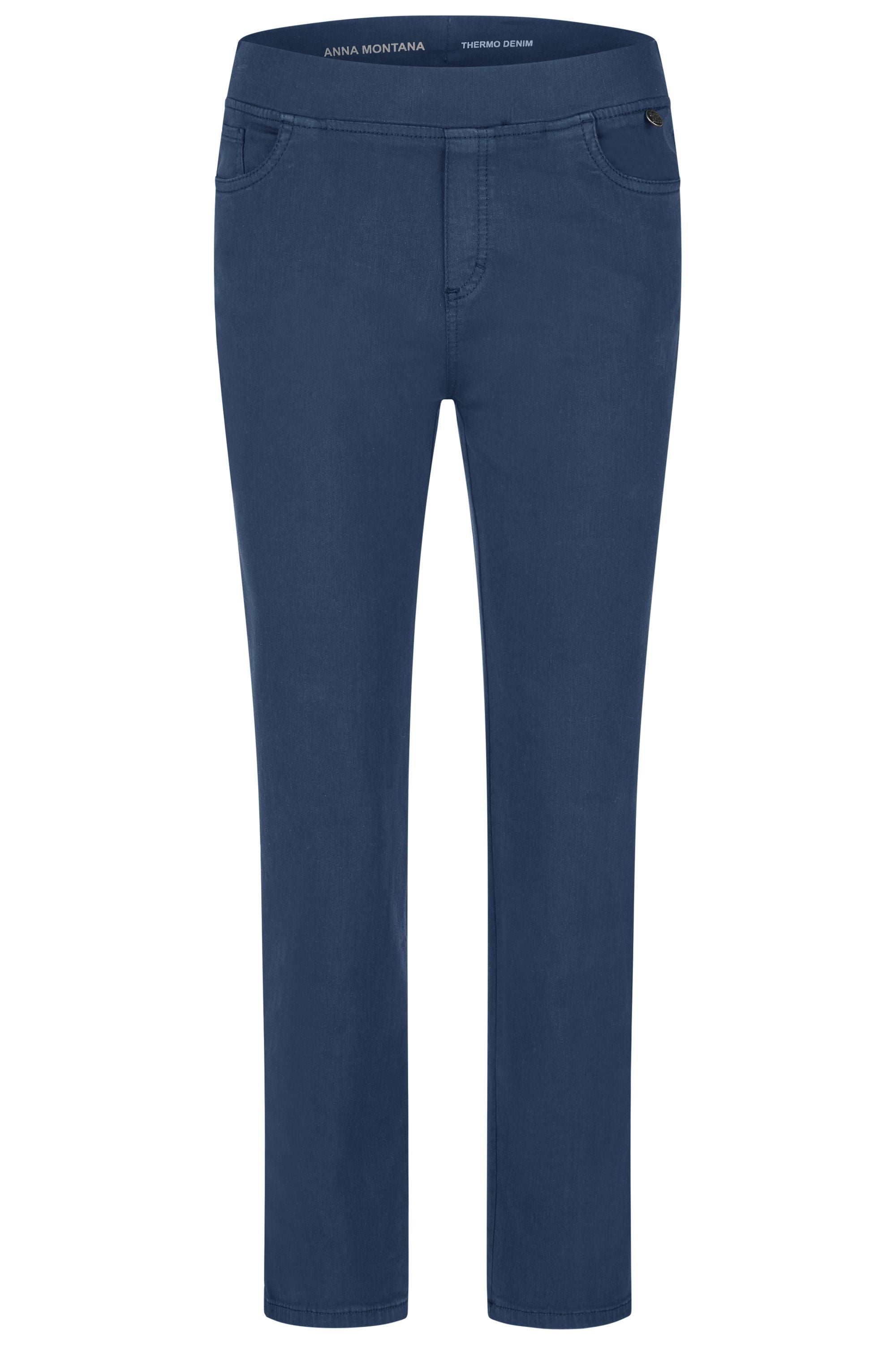 Blaue Damenhose mit Gummibund und schmalem Bein. 