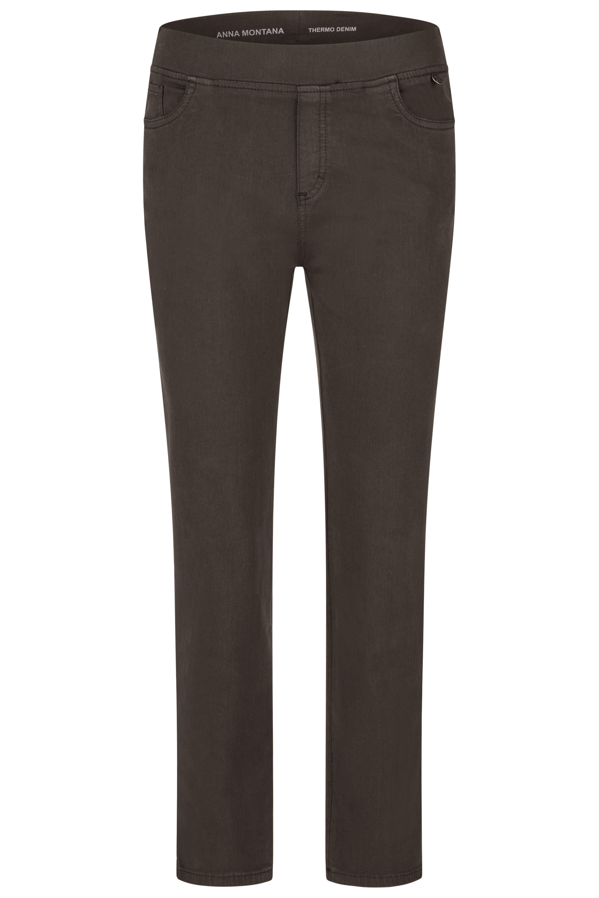 Braune Damenhose mit Gummibund und schmalem Bein. 