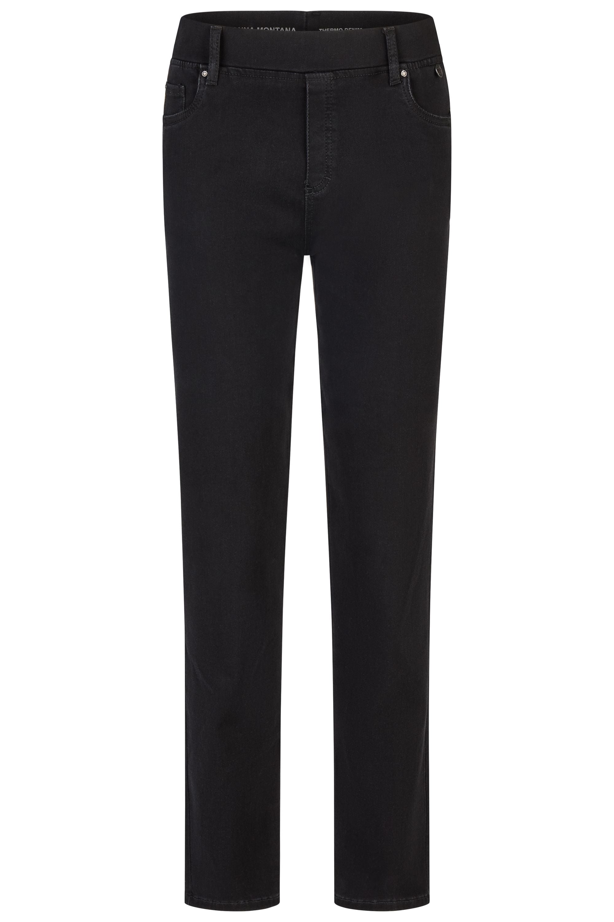 Schwarze Thermo Denim Damenhose mit Gummibund und schmalem Bein. 