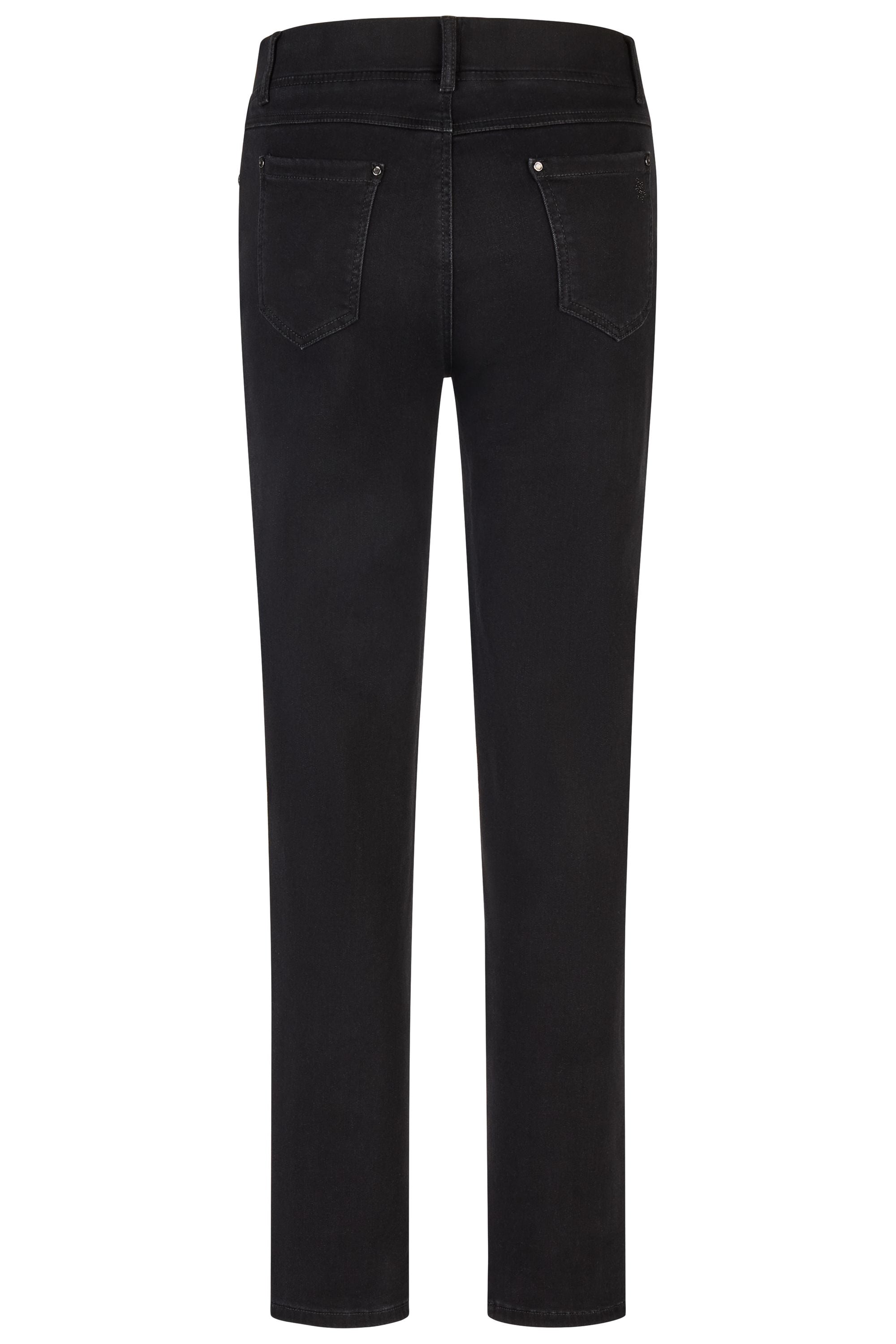 Rückansicht Schwarze Thermo Denim Damenhose mit Gummibund und schmalem Bein. 