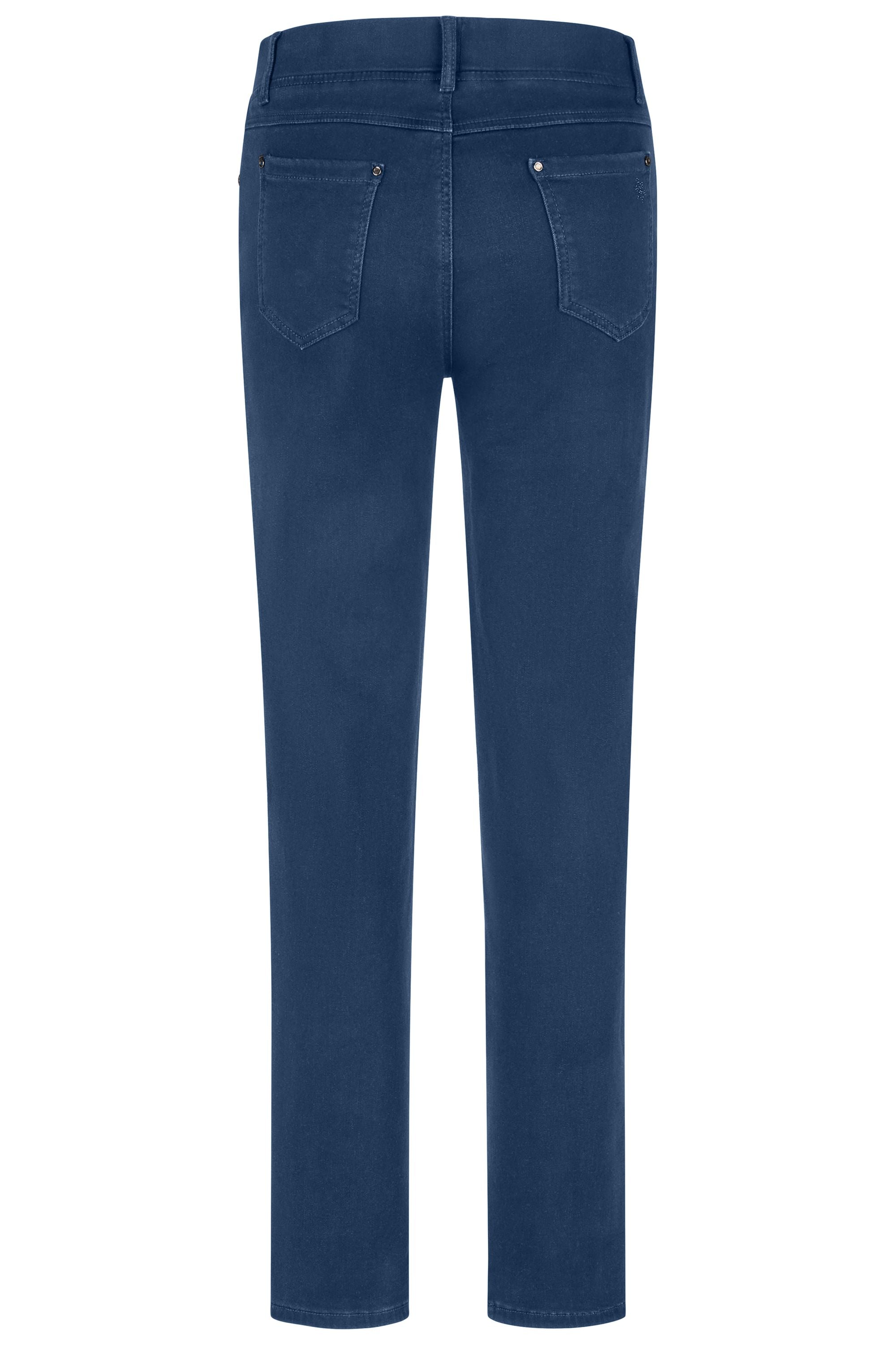 Blaue Thermo Denim Damenhose mit Gummibund und schmalem Bein. 