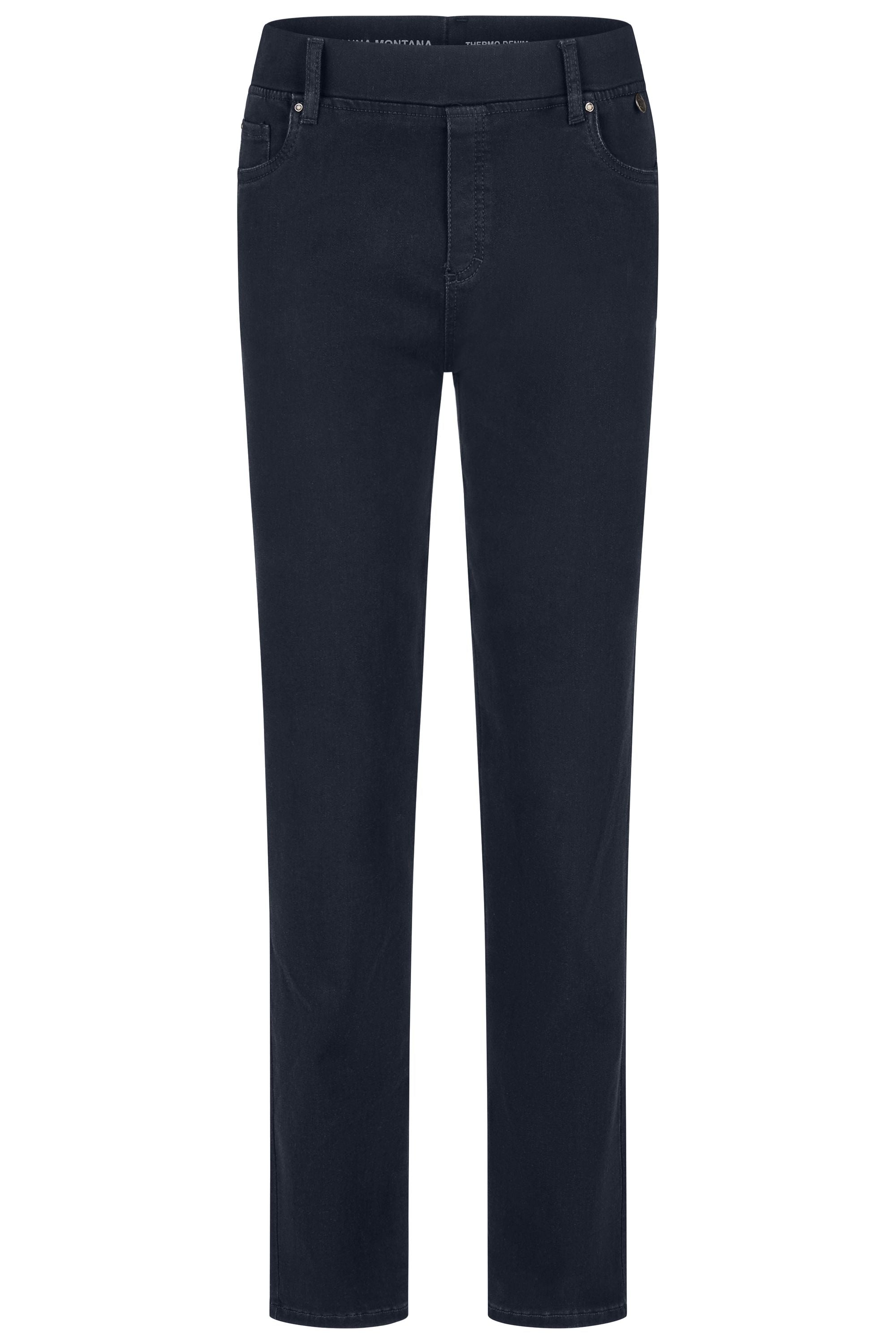 Dunkle Thermo Denim Damenhose mit Gummibund und schmalem Bein. 