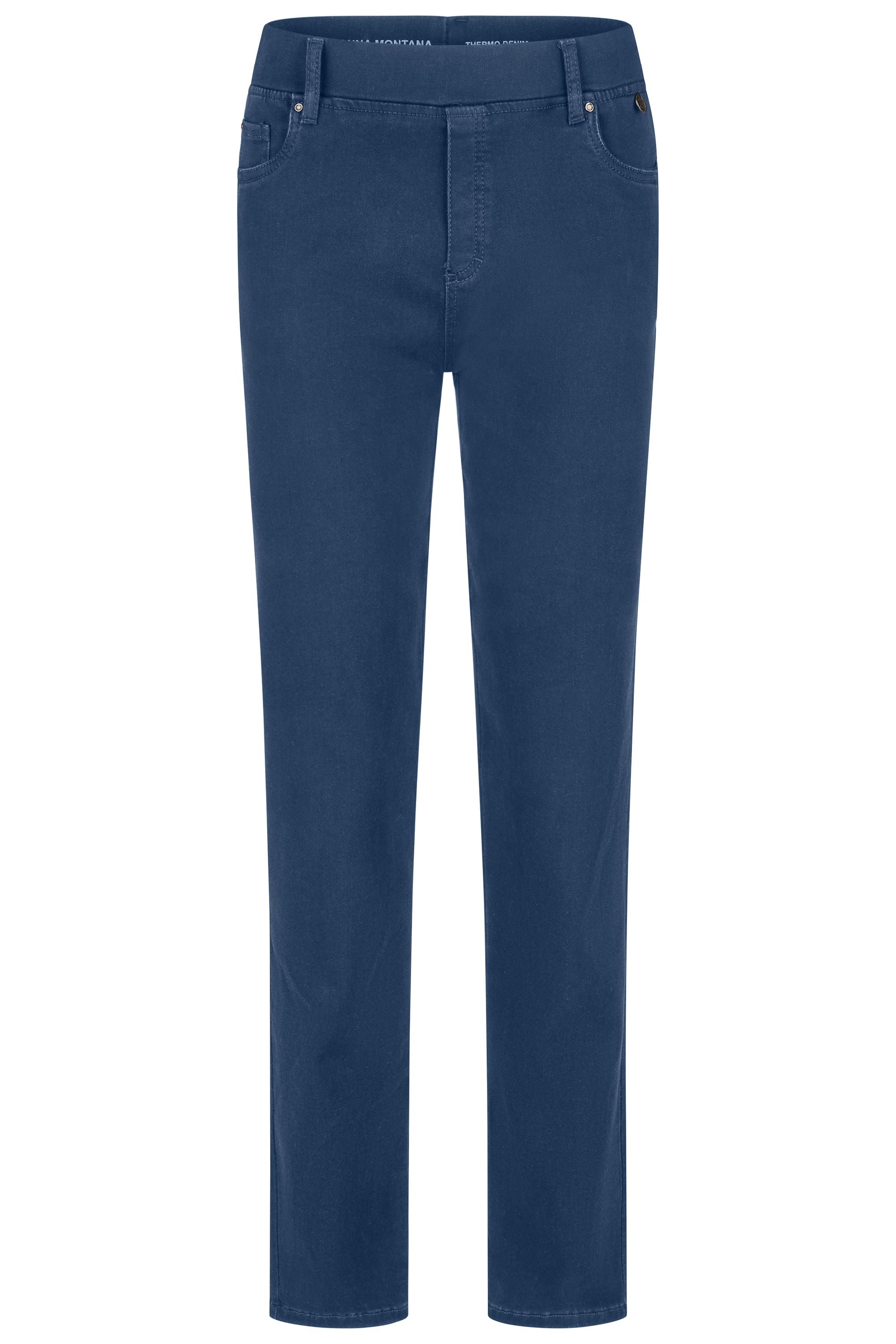 Blaue Thermo Denim Damenhose mit Gummibund und schmalem Bein. 