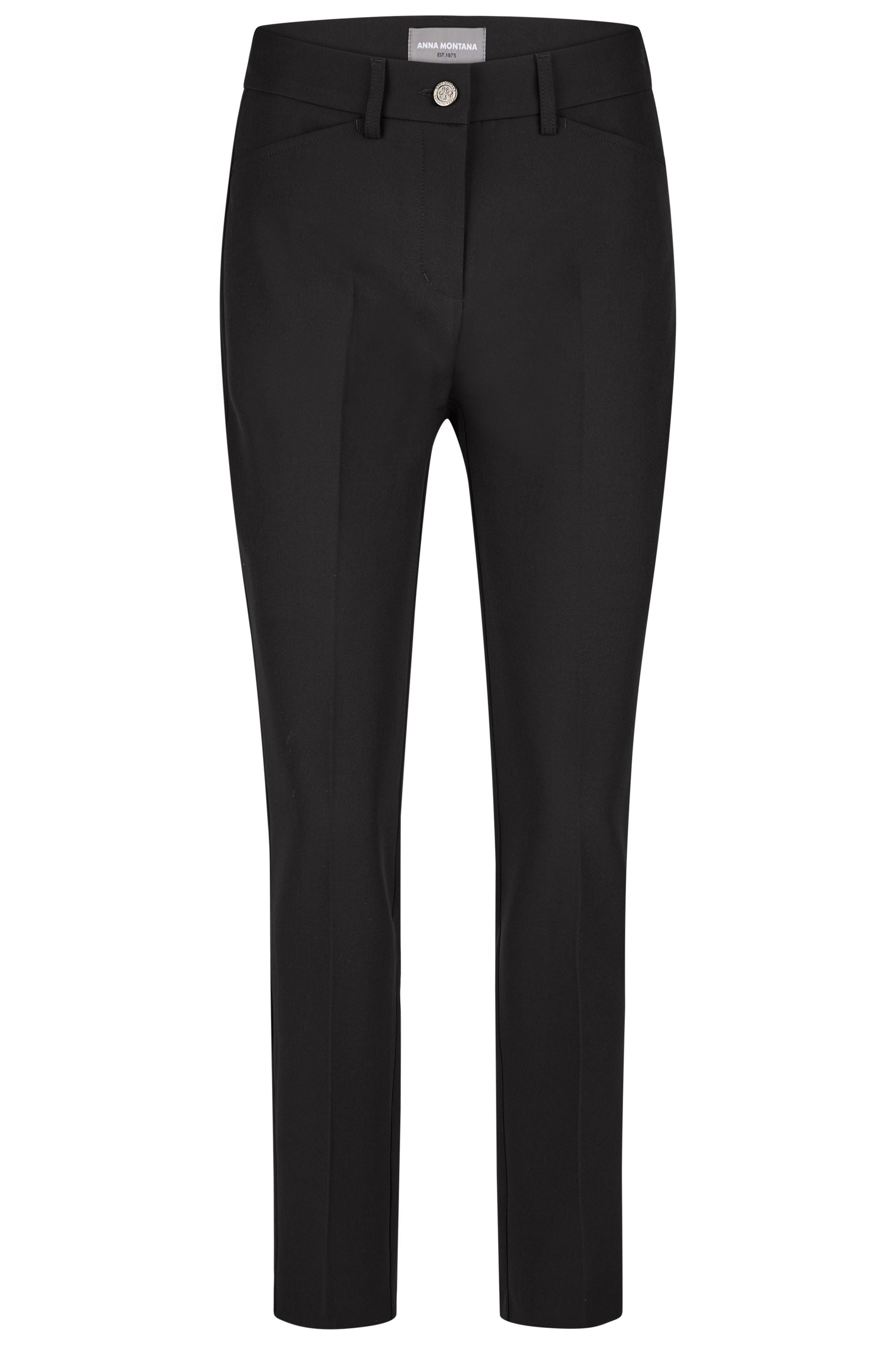 Schwarze Damenhose mit Bügelfalte, Gürtelschlaufen und Knopfverschluss. 