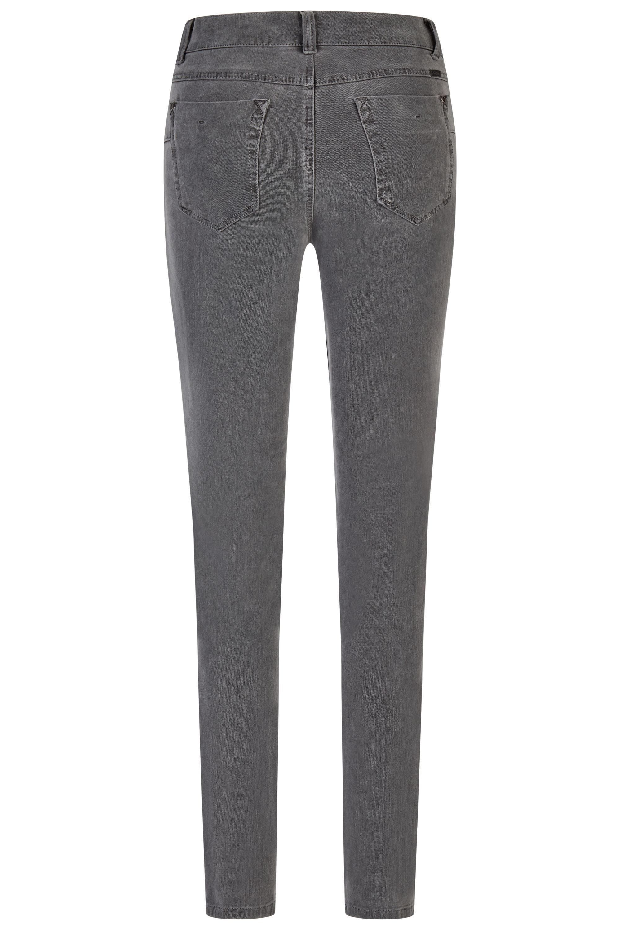 Rückansicht Graue Damenjeans mit schmalem Bein. 