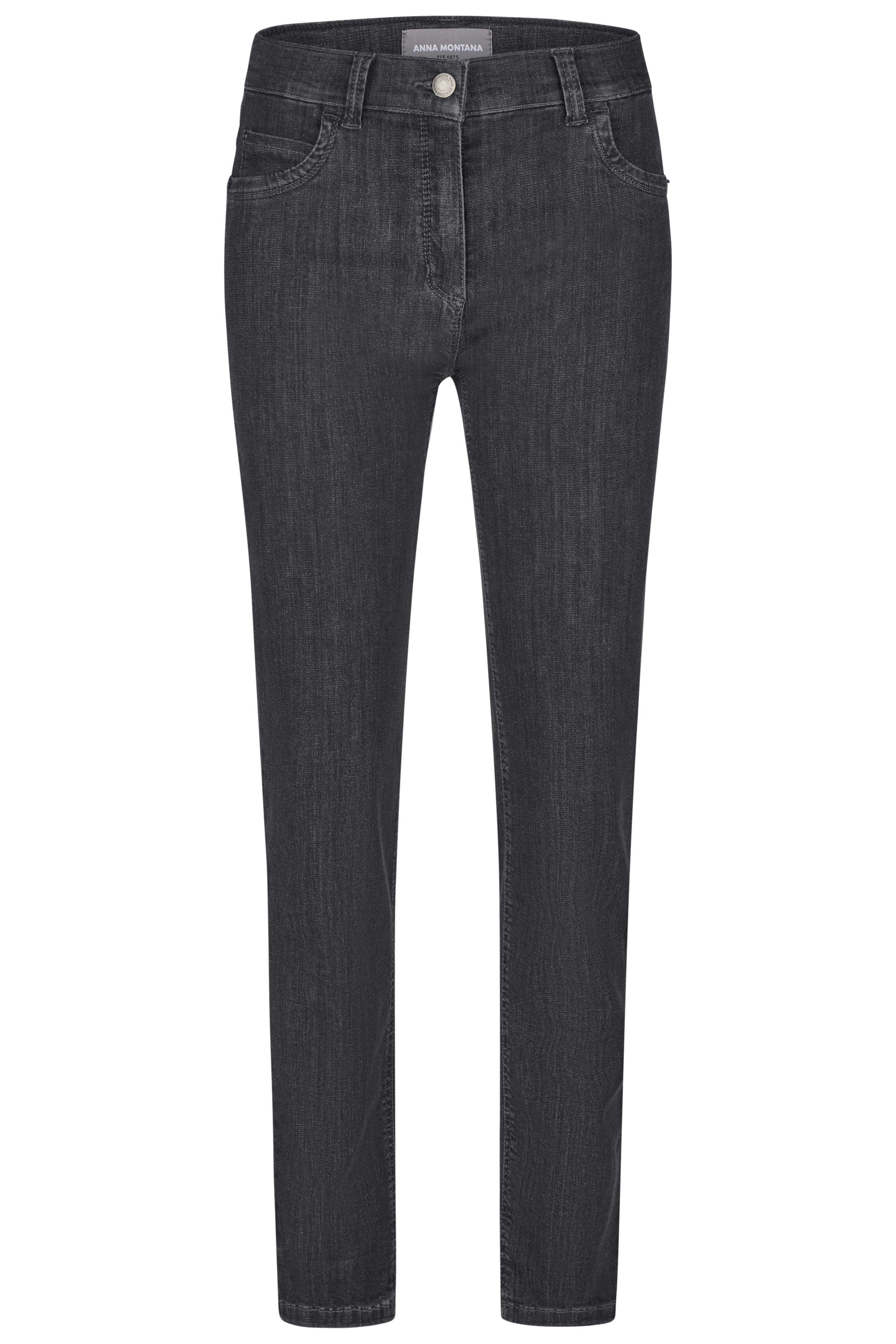 Graue Damenjeans mit schmalem Bein und mittlerer Leibhöhe. 