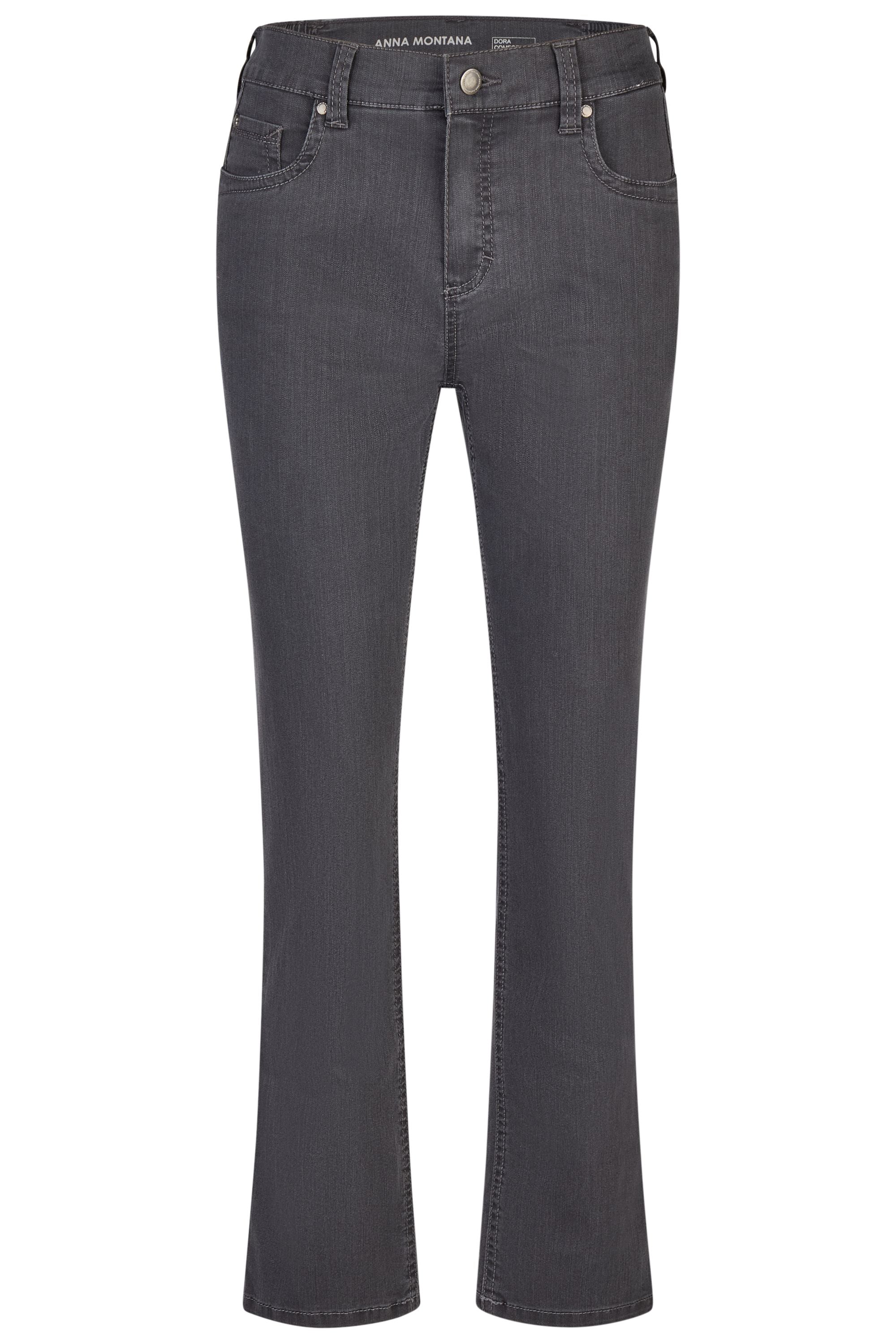 Graue Jeans mit ausgestelltem Bein und klassischem Schnitt. 